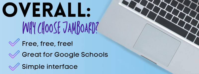 Overall
Why choose Jamboard as a digital whiteboard?
Free, free, free!
Great for Google Schools
Simple Interface