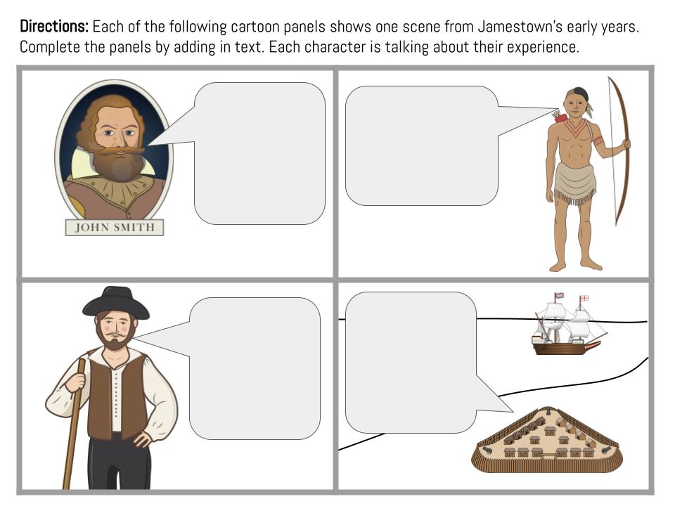 This image shows a black cartoon or students to complete relating to the Jamestown settlement in Virginia. 